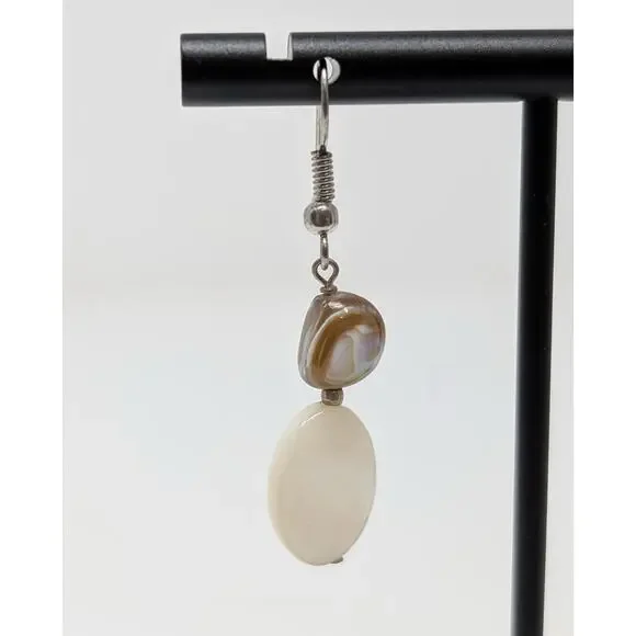 Silver Tone White Iridescent Bead Dangle Boho Pierced Earrings - Picture 2 of 6